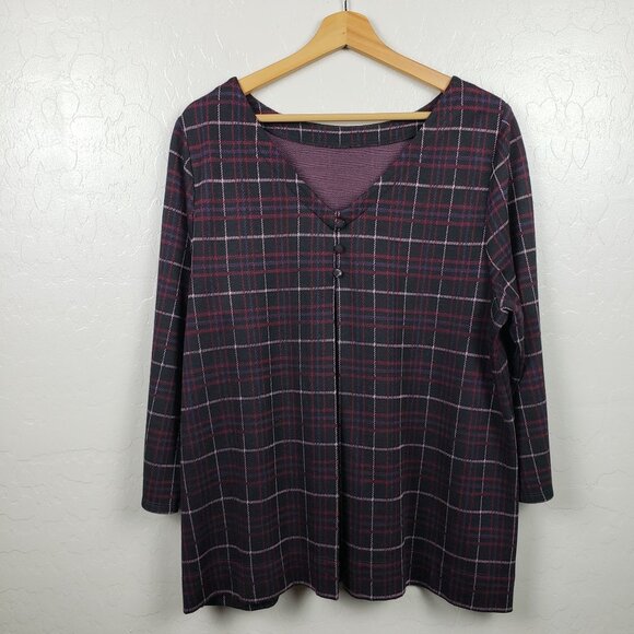 J.Jill Ponte Knit Windowpane Plaid Top Black/Purple Size Large 3/4 Sleeve Fall - Picture 7 of 11
